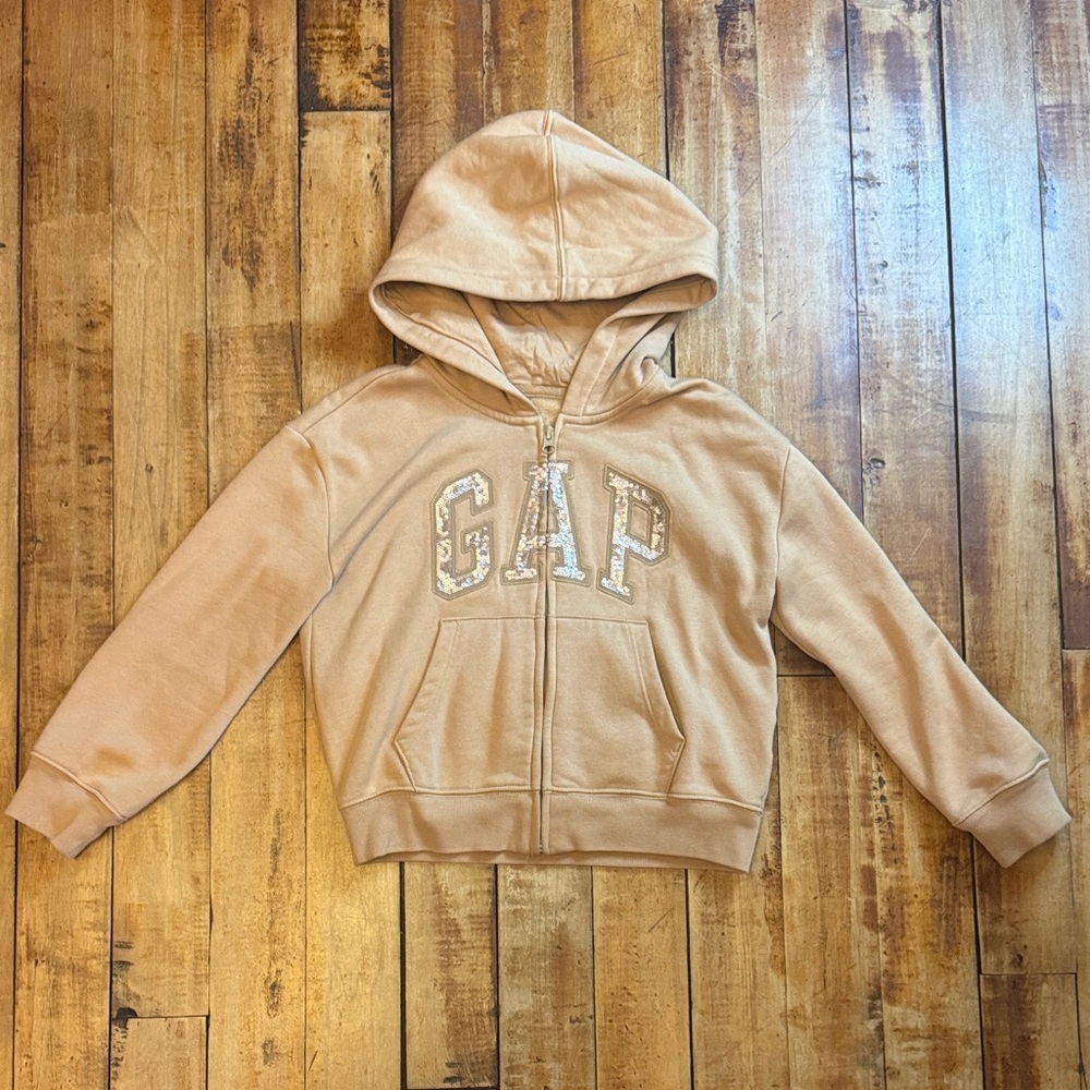 GAP Kids Tan Hoodie size 8 sequined Logo cotton full zip spring neutral